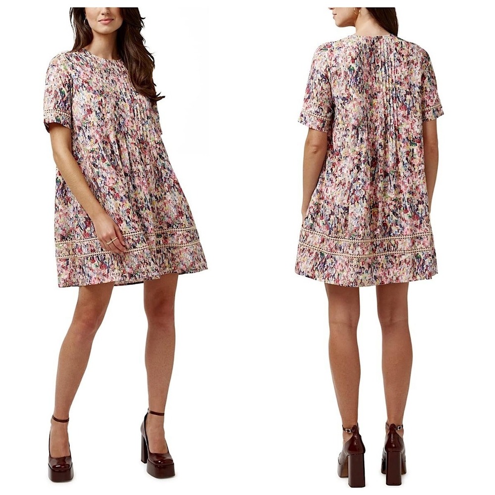 Buffalo David Bitton Pintuck Babydoll Lotus Dress Sz L Multicolor Short Sleeve